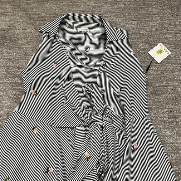Calvin Klein Dress Womens 8 Striped Floral Embroidered Wrap Asymmetrical - Picture 2 of 13